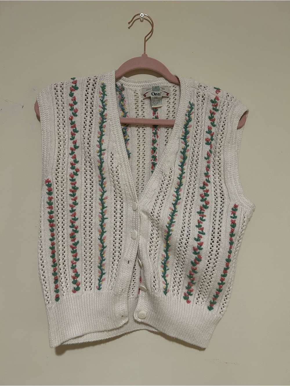Orvis White Knit Floral Embroidery Button Vest